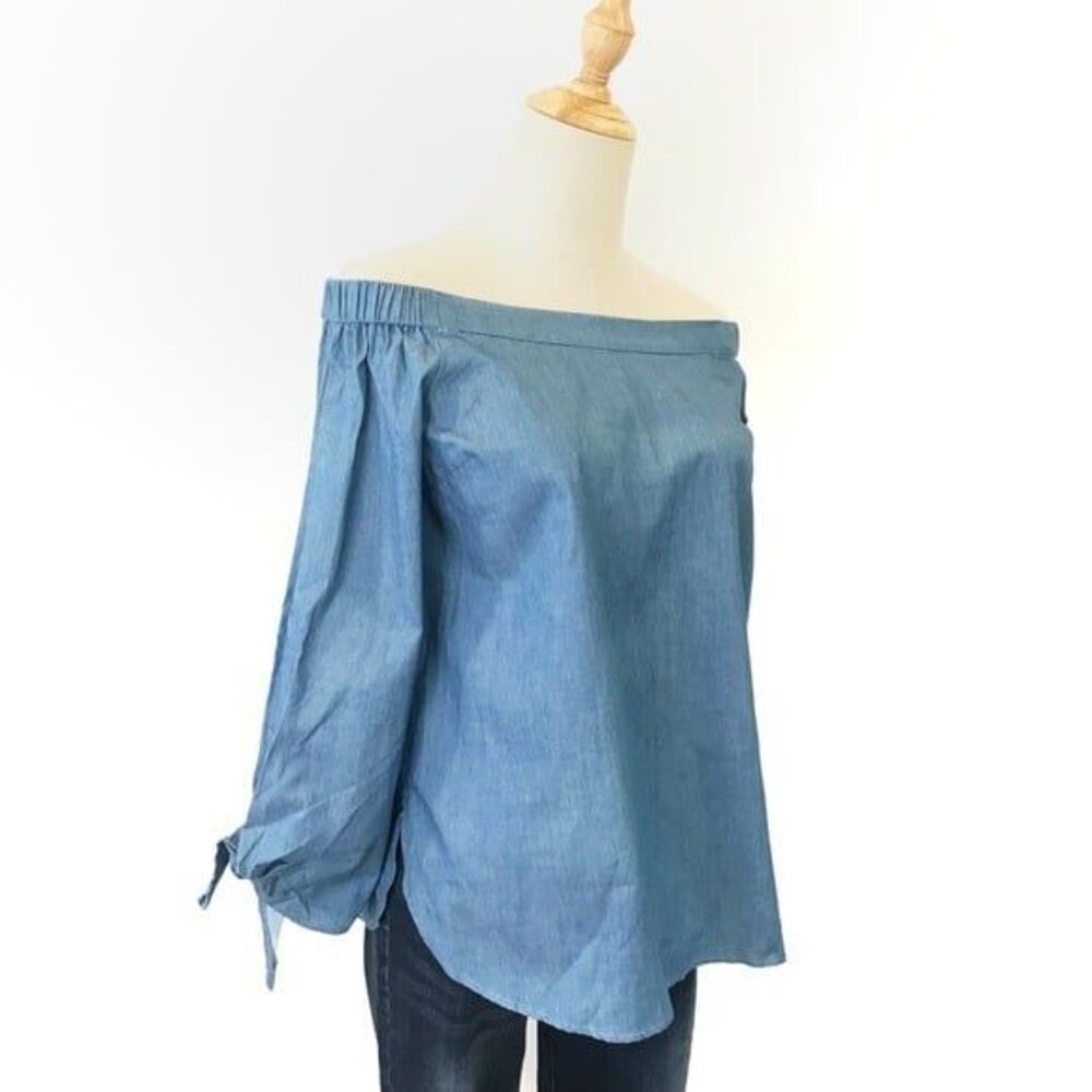 Paper Heart Chambray Off Shoulder Blouse Small Tie Sleeves NEW